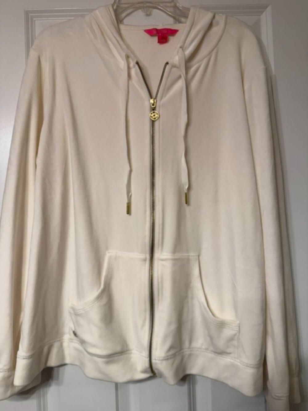 Lilly Pulitzer, velour hoodie, off-white/resort white, gold zipper, Size XXL